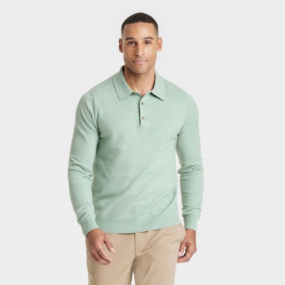 Men's Polo Collared Pullover Sweater - Goodfellow & Co Frosted Sage XL